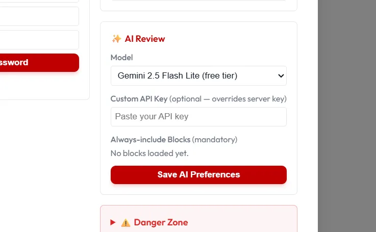 AI keys panel in Settings